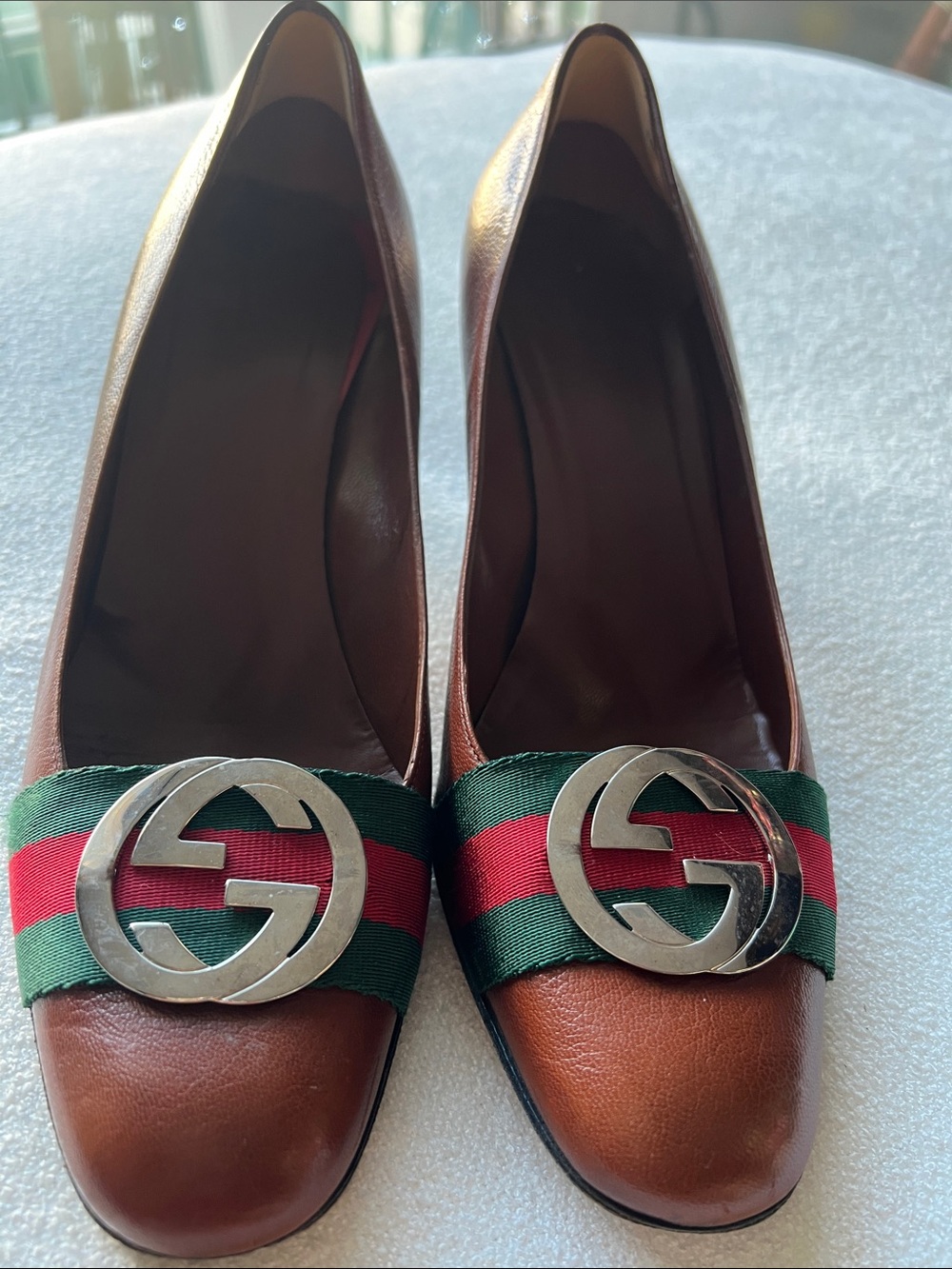 Gucci Brown Leather Pumps with Green & Red Web and Silver GG Buckle NEED REPAIR!